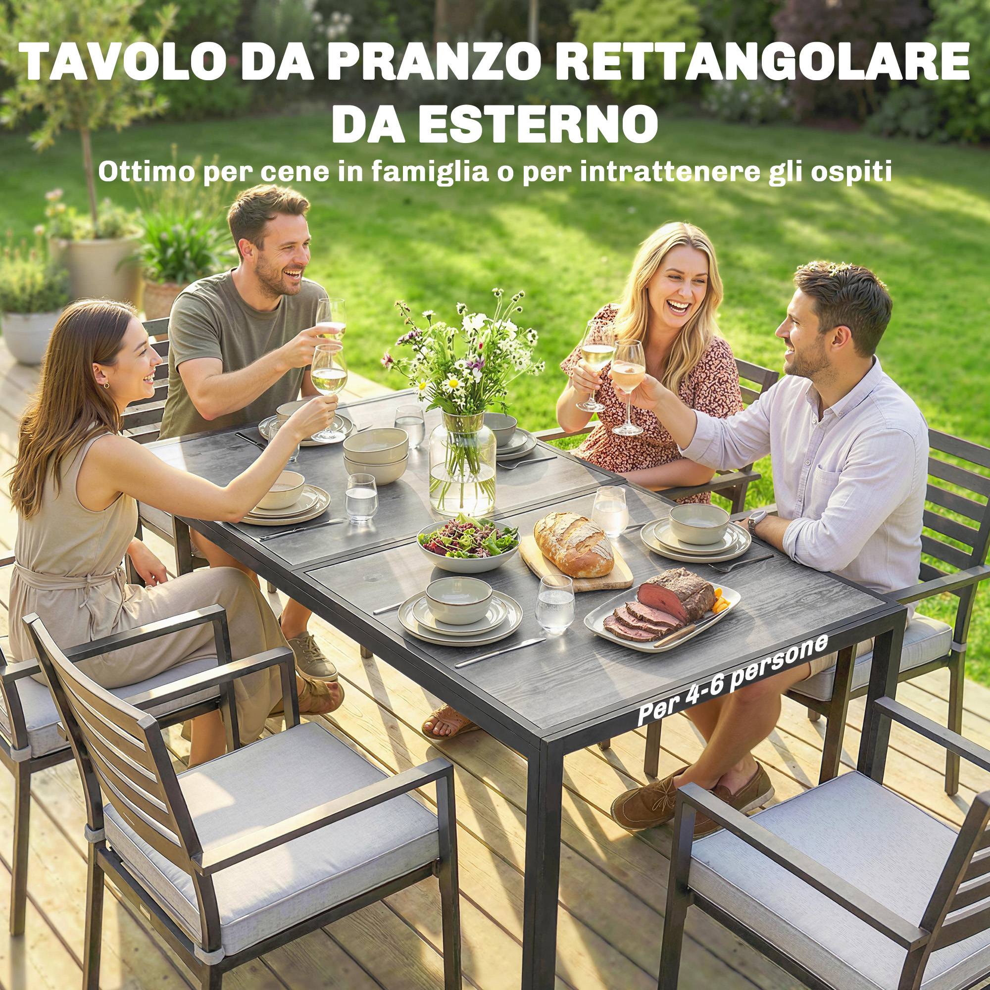 Table de jardin rectangulaire acier patio effet bois 4-6 places gris - ComfortXL Outdoor Living - Image 6