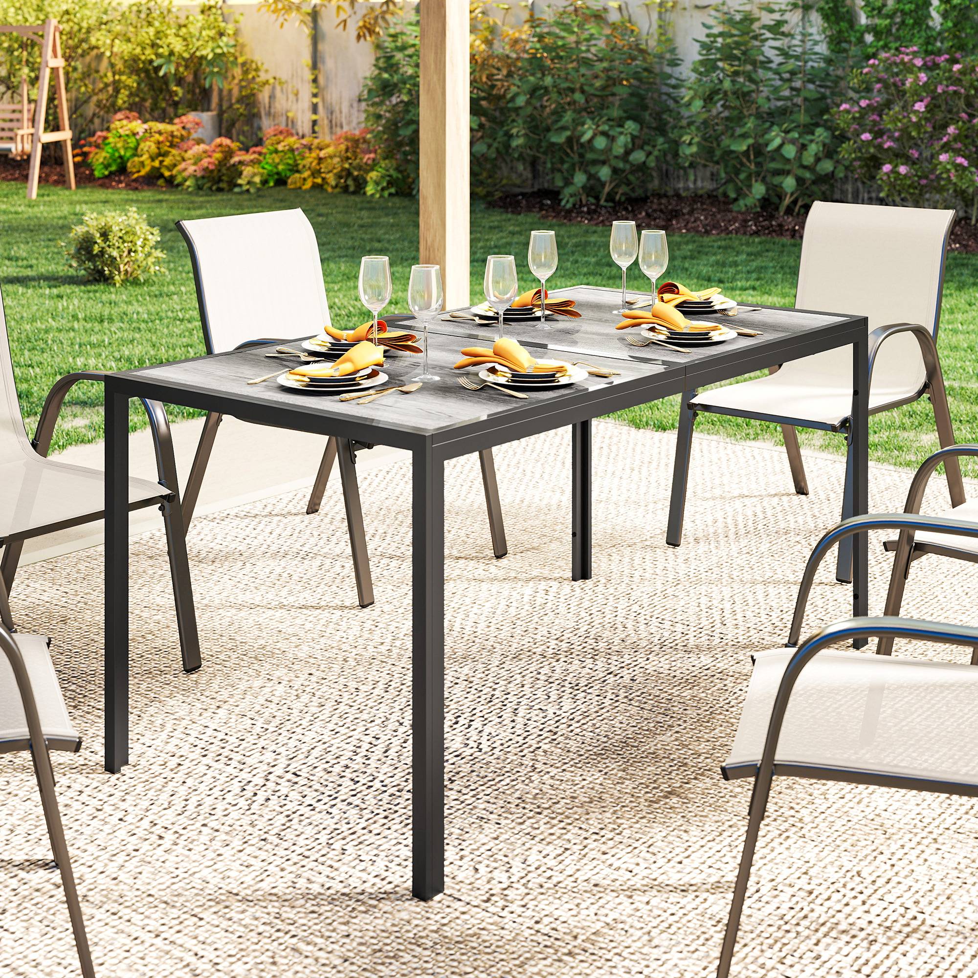 Table de jardin rectangulaire acier patio effet bois 4-6 places gris - ComfortXL Outdoor Living - Image 10