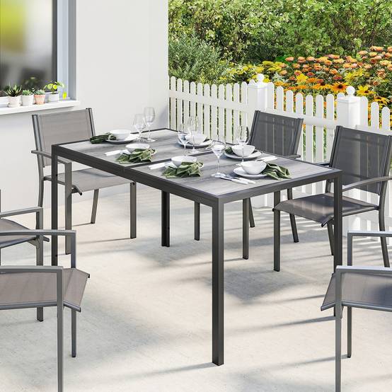 Table de jardin rectangulaire acier patio effet bois 4-6 places gris - ComfortXL Outdoor Living - Image 9