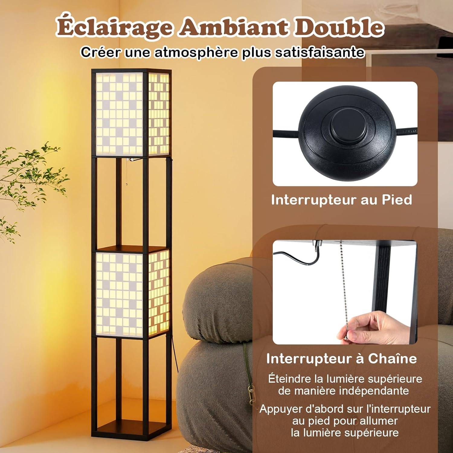 Costway - Lampadaire à Motif Quadrillé, Lampe sur Pied avec 2 Étagères & 2 Abat-jours, Interrupteur à Pied & Chaîne à Tirer, Douille E27 sans Ampoule, Lampadair - Image 5
