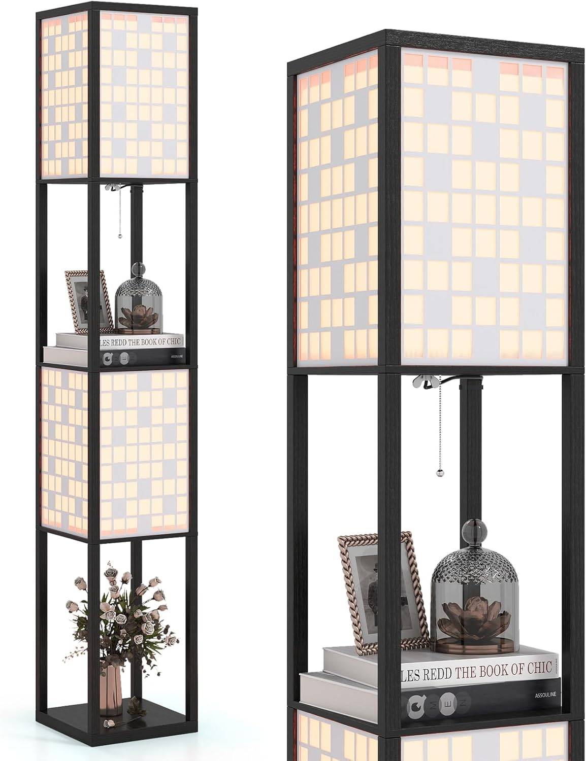 Costway - Lampadaire à Motif Quadrillé, Lampe sur Pied avec 2 Étagères & 2 Abat-jours, Interrupteur à Pied & Chaîne à Tirer, Douille E27 sans Ampoule, Lampadair - Image 1