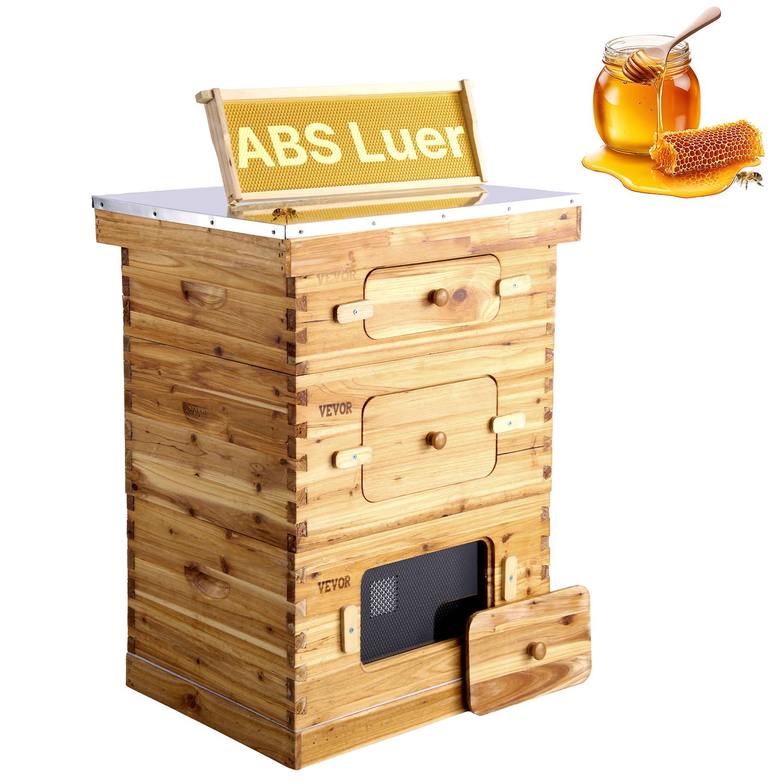 VEVOR Ruche abeilles 30 cadres, bois sapin cire d'abeille, 2 boîtes profondes 1 moyenne. Fenêtres acrylique.