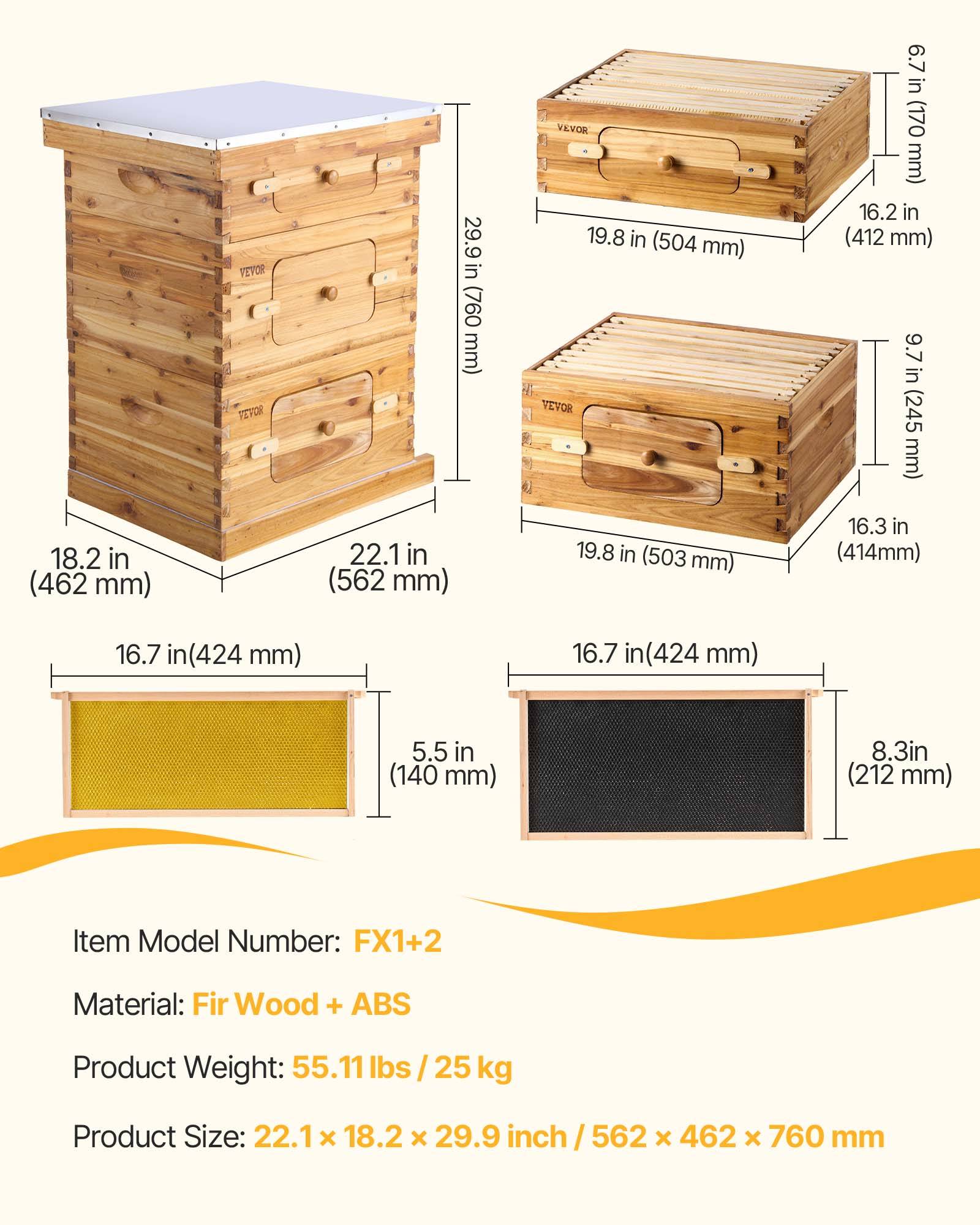 VEVOR Ruche abeilles 30 cadres, bois sapin cire d'abeille, 2 boîtes profondes 1 moyenne. Fenêtres acrylique. - Image 7