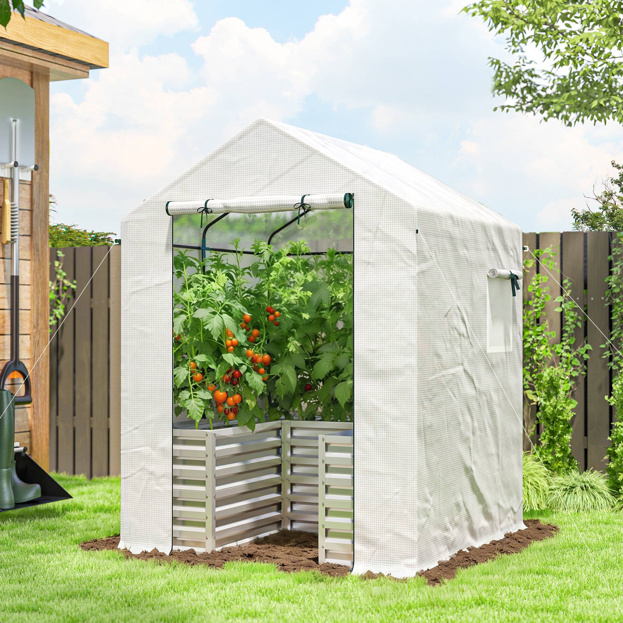 Serre à tomates acier et PE pour potager avec carré potager intégré 141x141x190cm blanc - ComfortXL Outdoor Living - Image 3