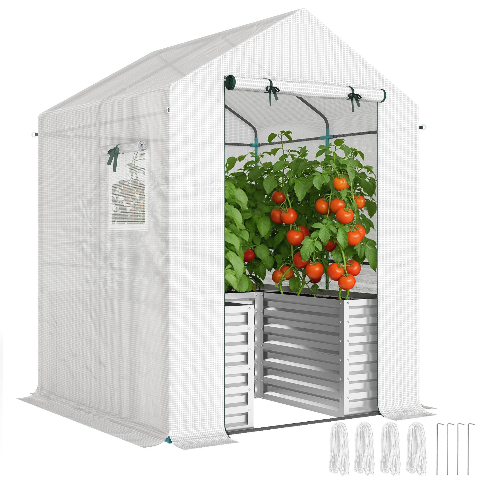 Serre à tomates acier et PE pour potager avec carré potager intégré 141x141x190cm blanc - ComfortXL Outdoor Living - Image 1
