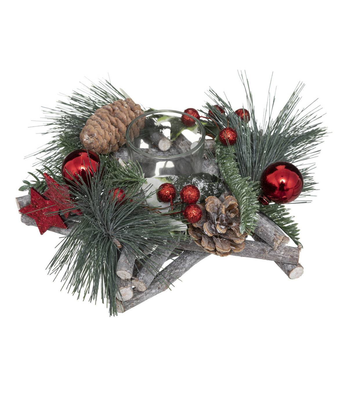 Bougeoir Centre de table Etoile en bois décoré Noël & Photophore en verre - Image 1