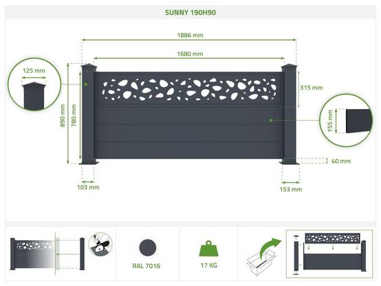 Casanoov Lot de 3 kits de clôture aluminium SUNNY H.90 cm - kits complet 5.7m - Image 2