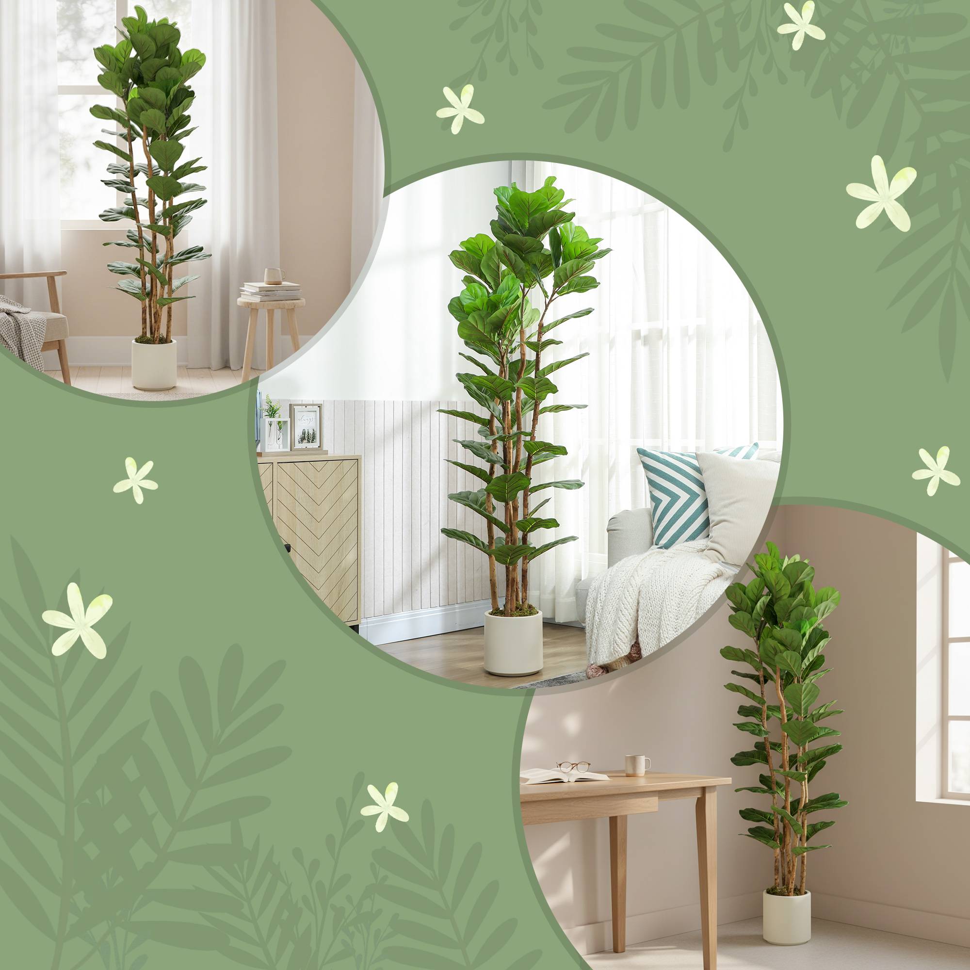 Faux figuier lyre artificiel, 91 feuilles, tronc bois massif, pot, 55x55x180 cm, vert - Image 9