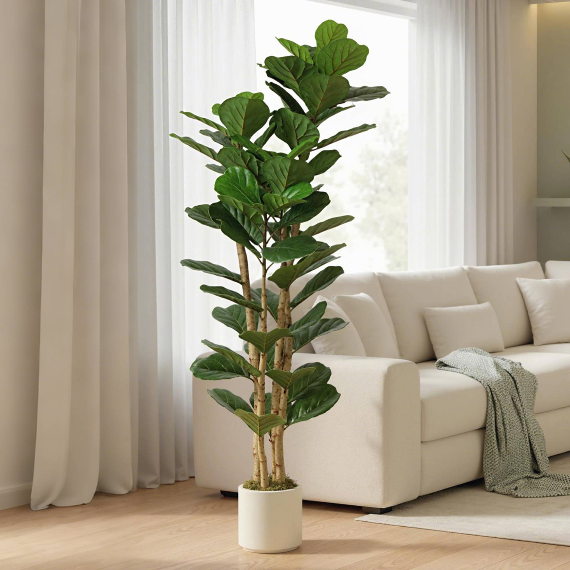 Faux figuier lyre artificiel, 91 feuilles, tronc bois massif, pot, 55x55x180 cm, vert - Image 3