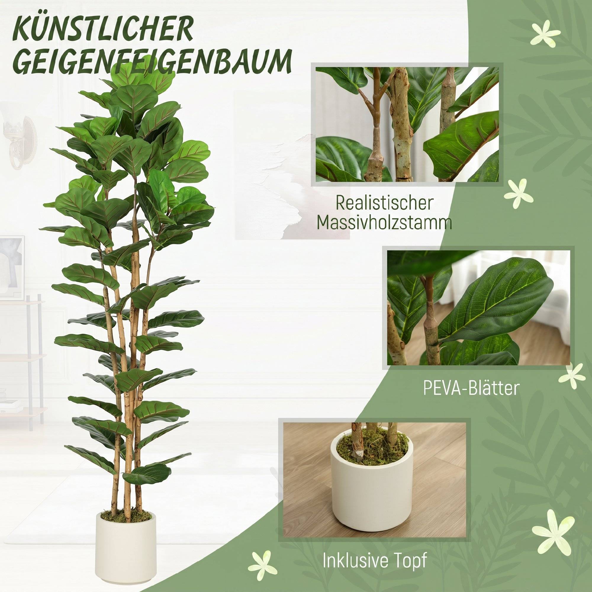 Faux figuier lyre artificiel, 91 feuilles, tronc bois massif, pot, 55x55x180 cm, vert - Image 6