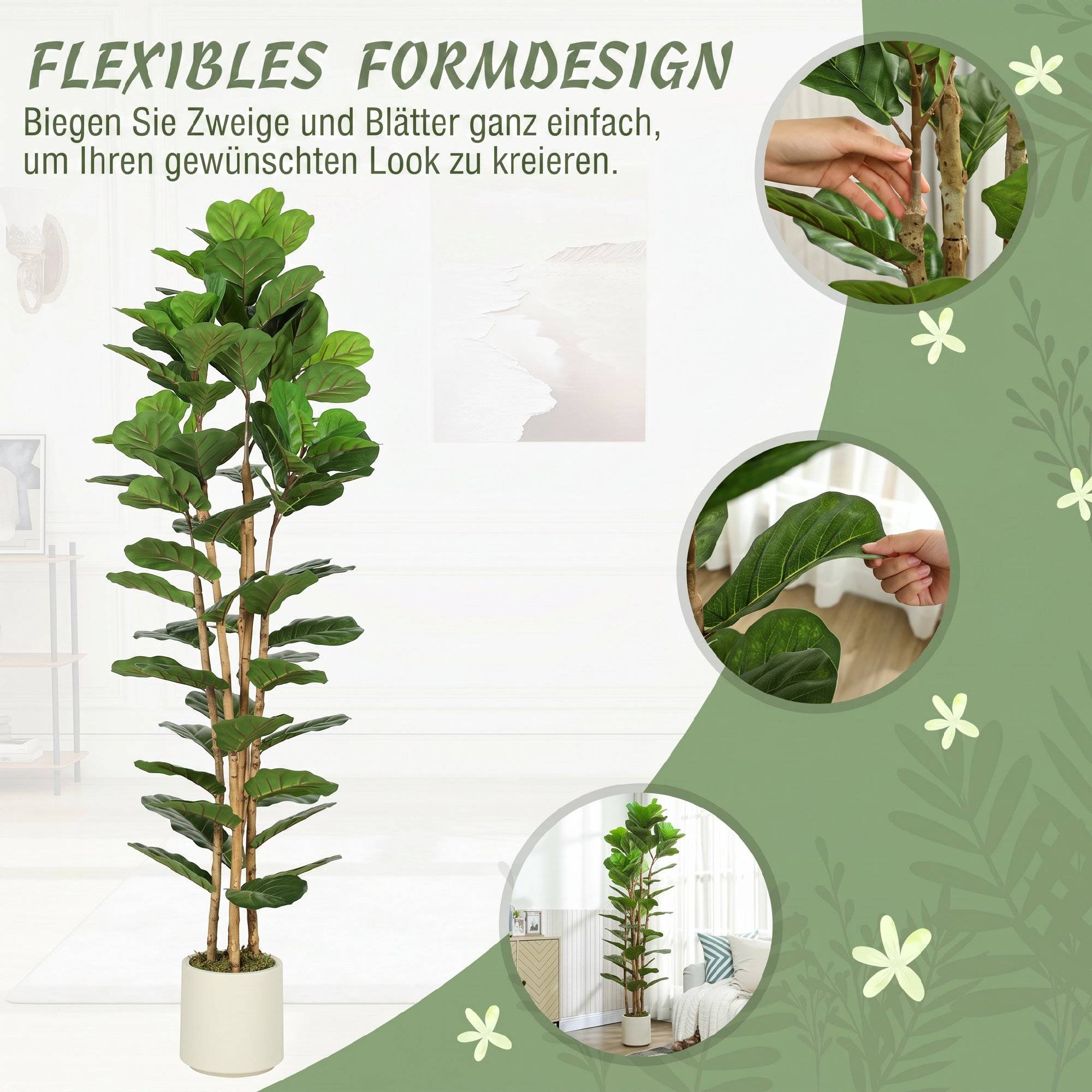 Faux figuier lyre artificiel, 91 feuilles, tronc bois massif, pot, 55x55x180 cm, vert - Image 8