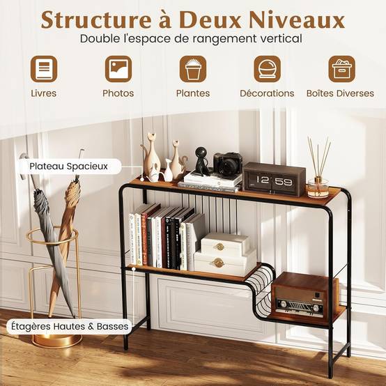 En.casa Table Console Style Industriel Avec Compartiment Ouvert Et 2 Étagères - 66 X 60 X 20 Cm Noir Métal