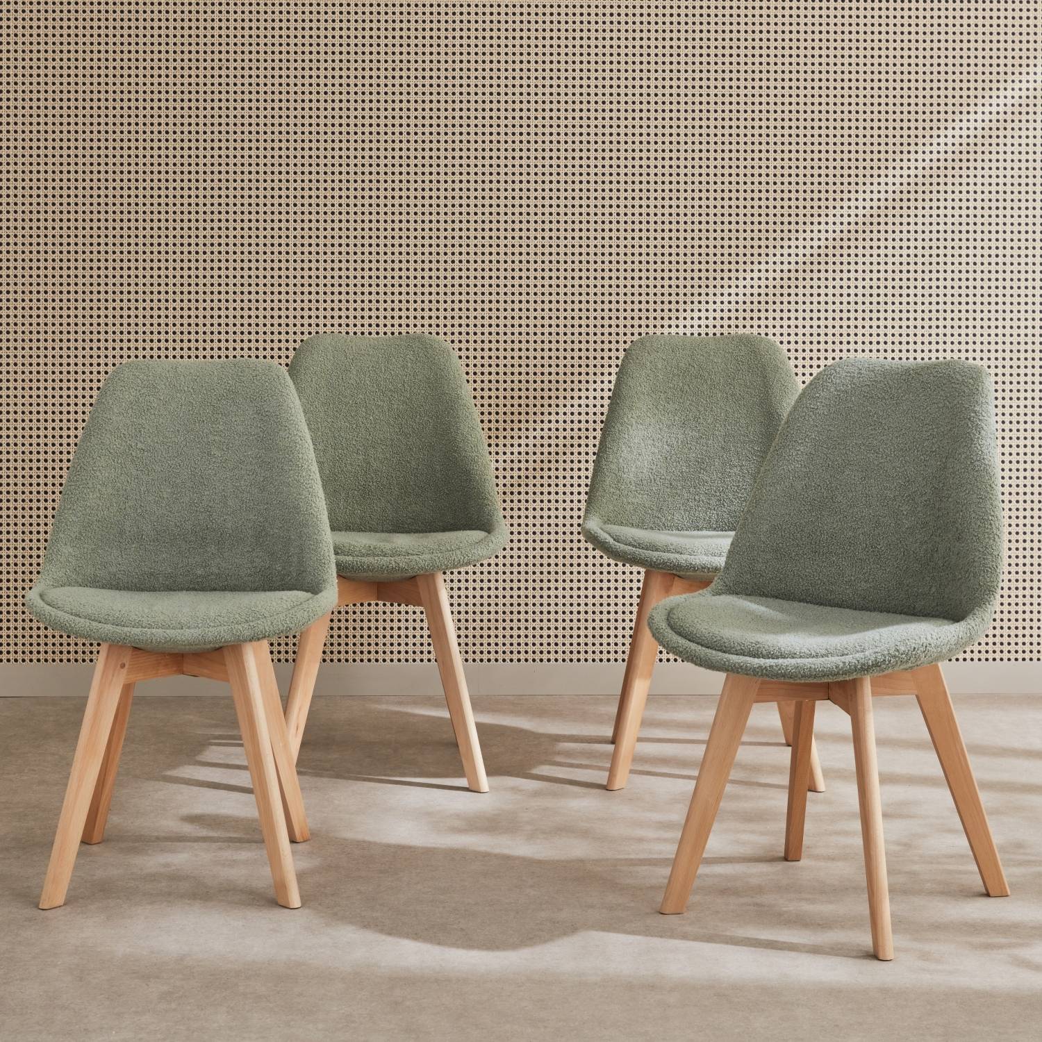 Lot de 4 chaises scandinaves NILS revêtement bouclette vert céladon. pieds bois de hêtre. chaise 1 place  | sweeek - Image 1