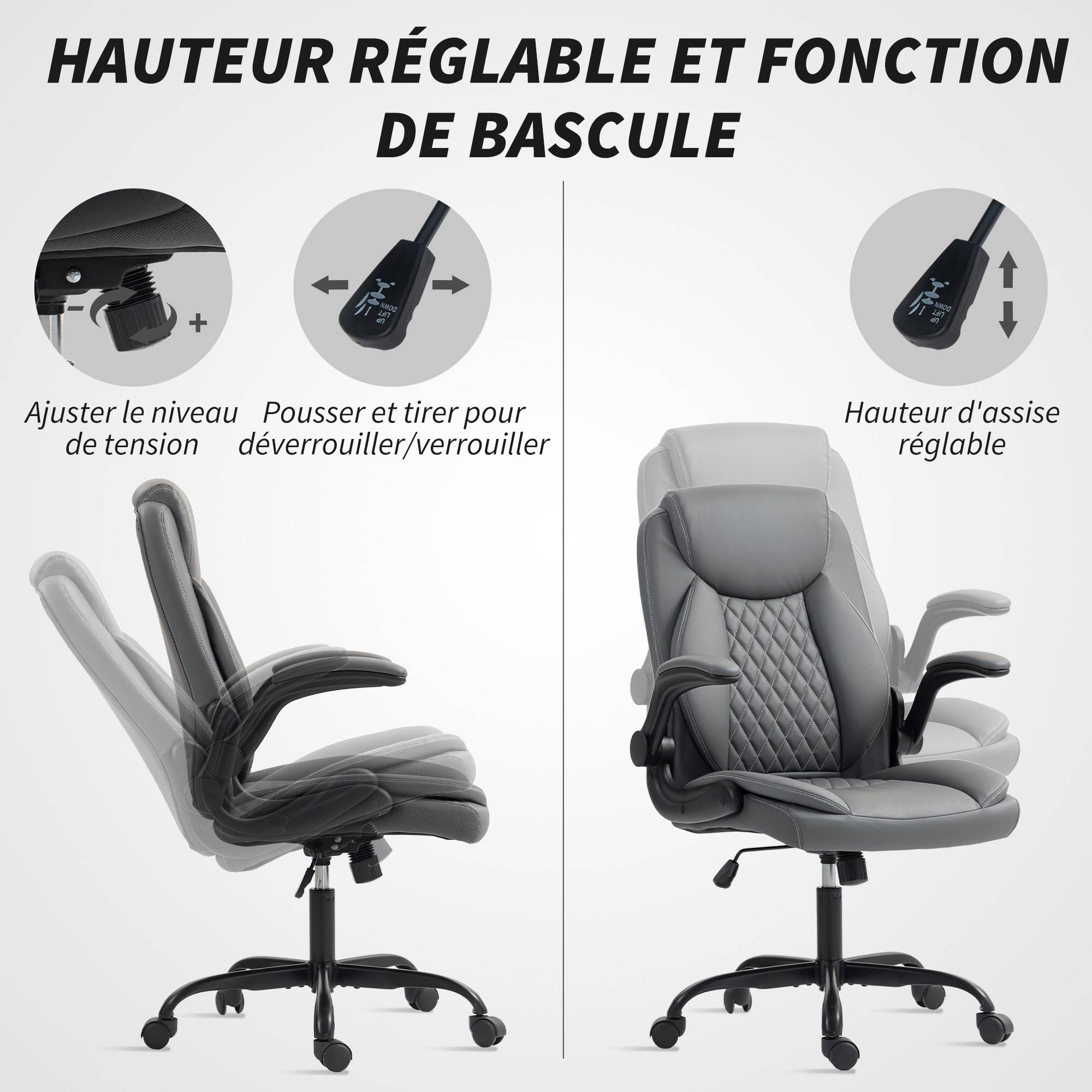 Sans Marque - Fauteuil de bureau, chaise bureau ergonomique avec accoudoirs relevables, hauteur réglable, fonction de bascule, gris - Image 8