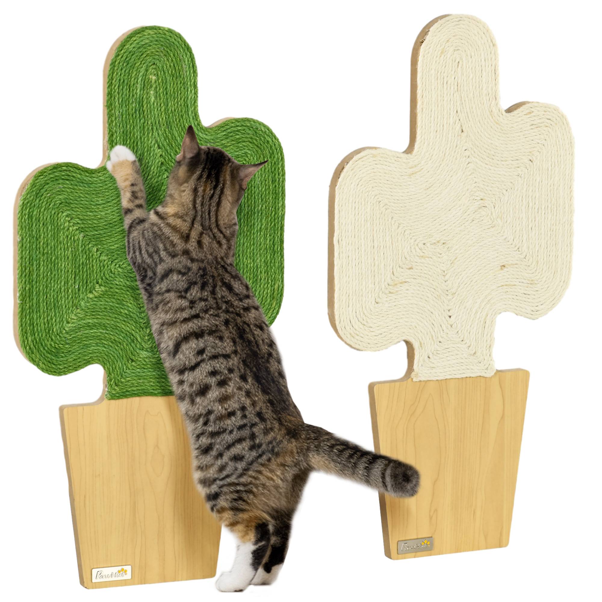 Pawhut - Lot de 2 griffoirs grattoirs murals design cactus dim. 30L x 60H cm jute naturelle écru verte aspect bois clair - Imagen 1
