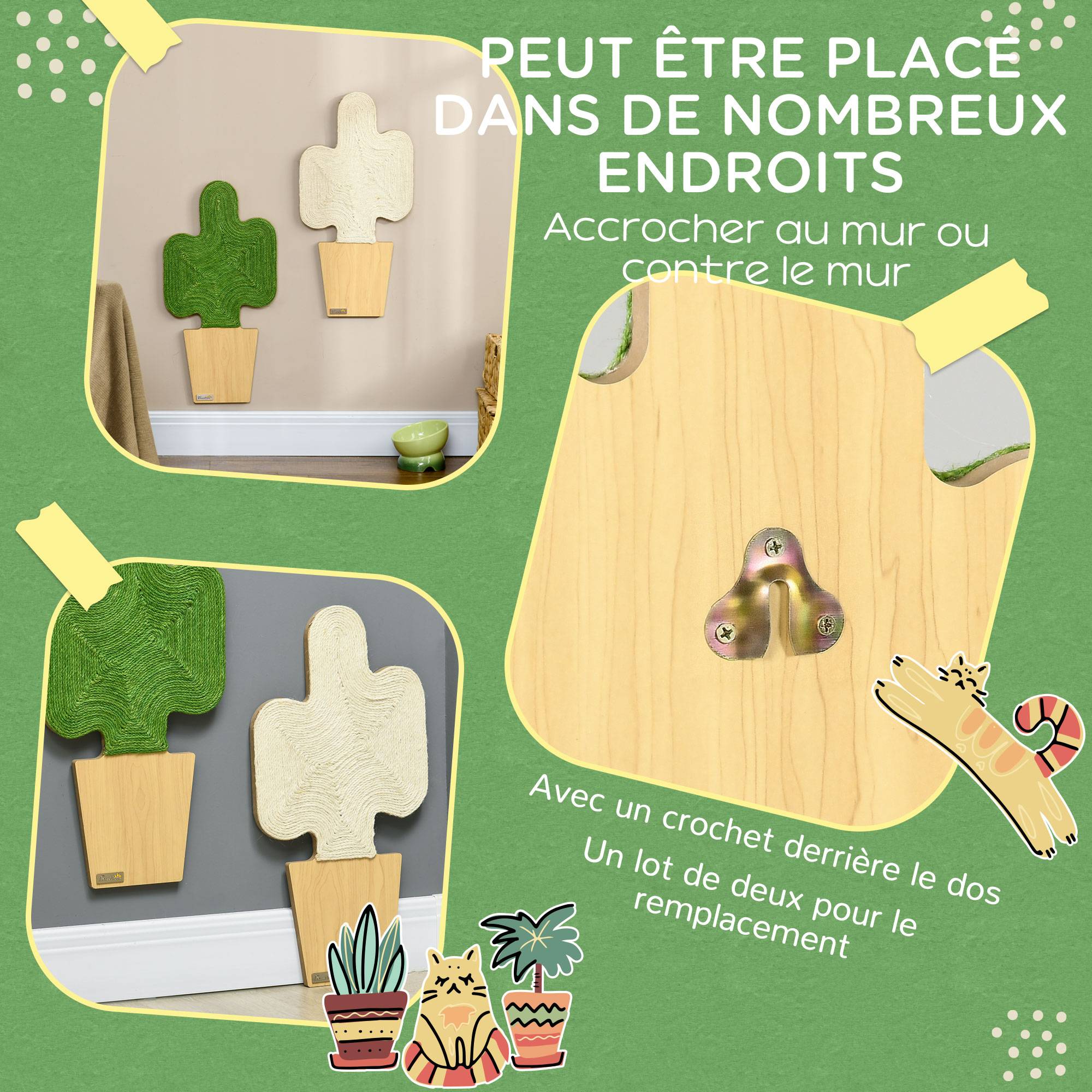Pawhut - Lot de 2 griffoirs grattoirs murals design cactus dim. 30L x 60H cm jute naturelle écru verte aspect bois clair - Imagen 5