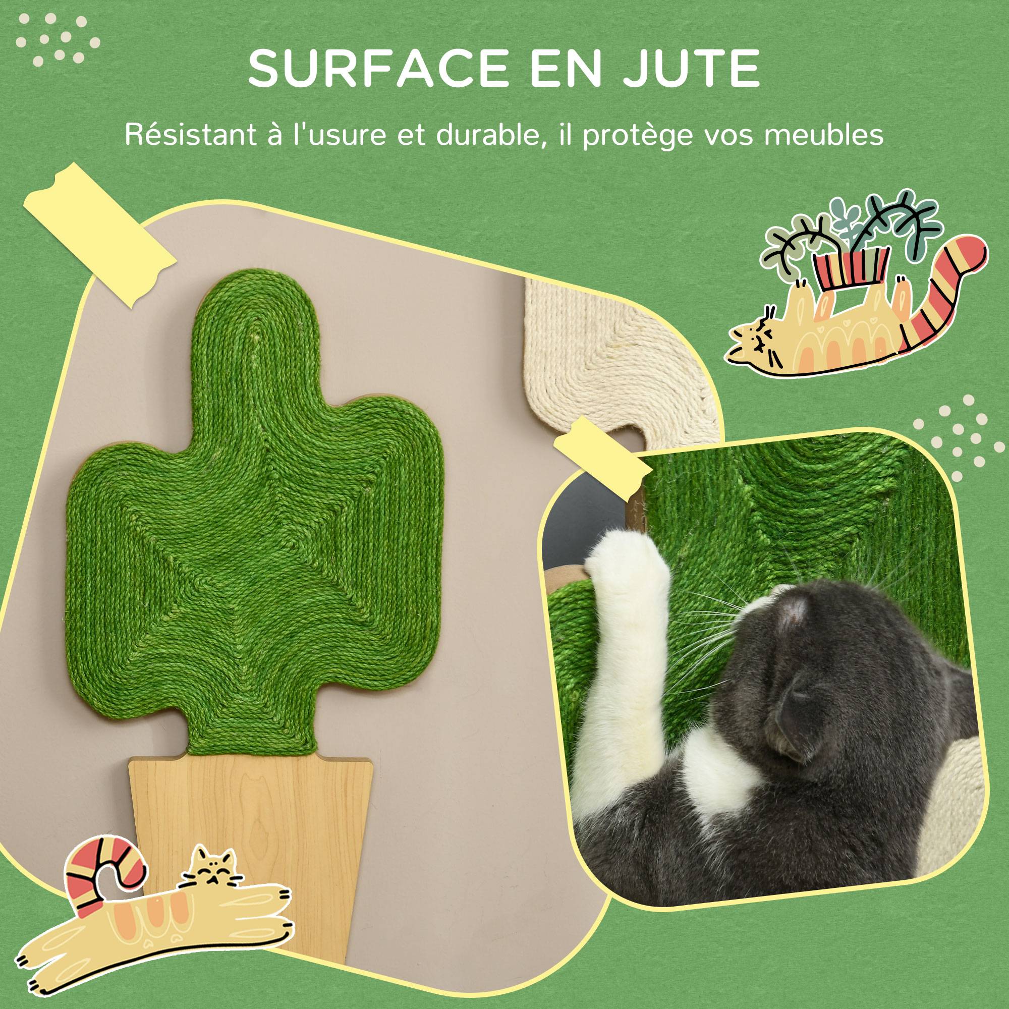Pawhut - Lot de 2 griffoirs grattoirs murals design cactus dim. 30L x 60H cm jute naturelle écru verte aspect bois clair - Imagen 4