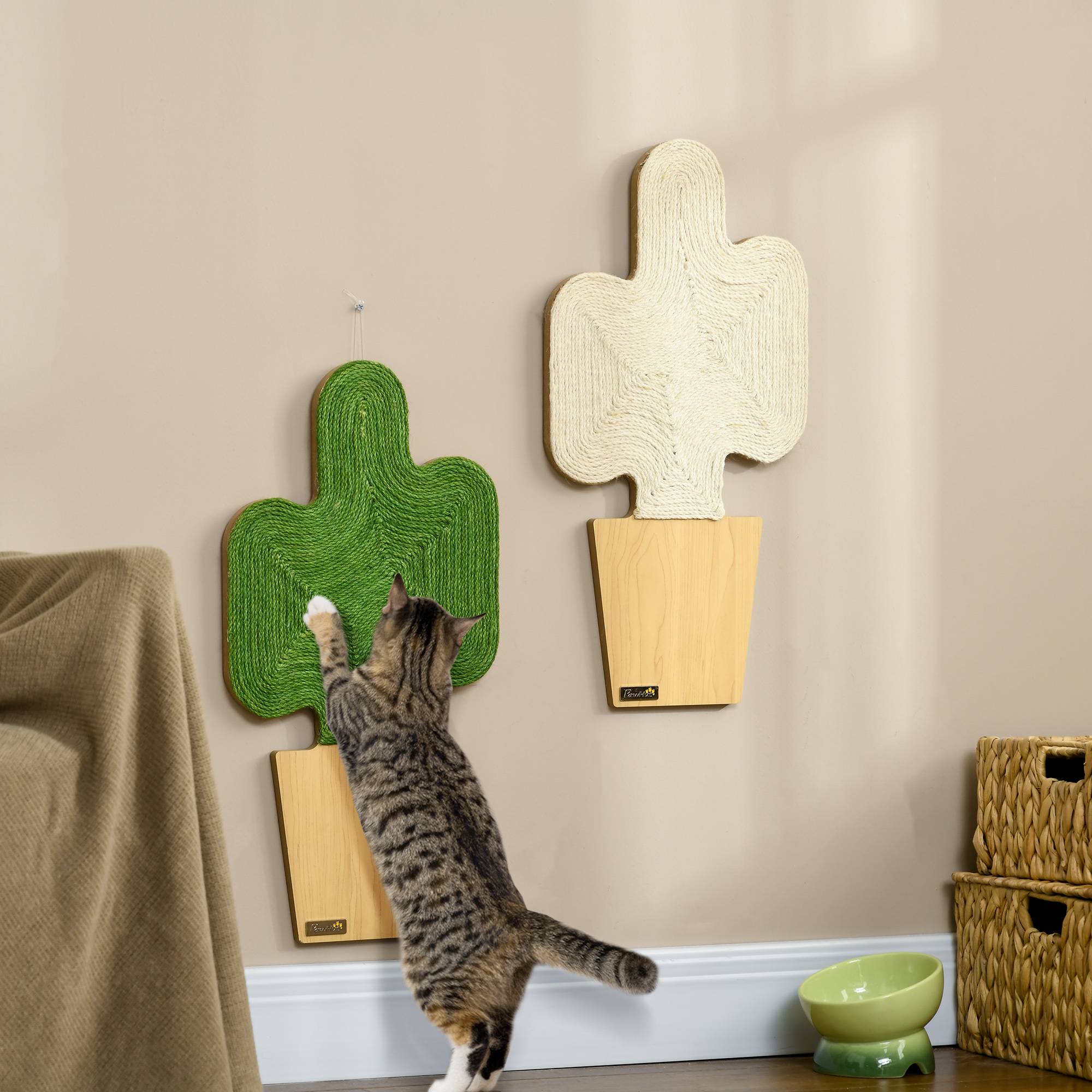 Pawhut - Lot de 2 griffoirs grattoirs murals design cactus dim. 30L x 60H cm jute naturelle écru verte aspect bois clair - Imagen 2
