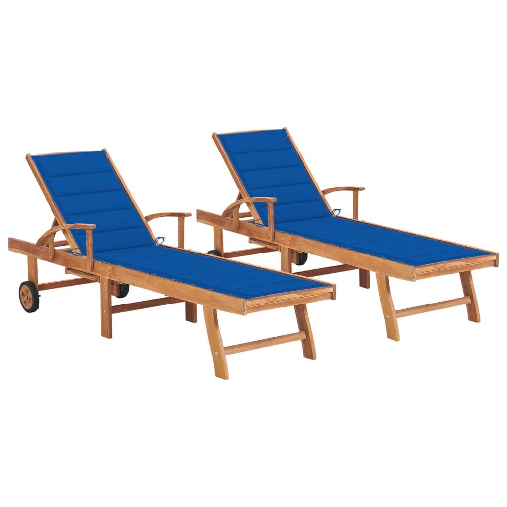 Helloshop26 - Lot de 2 transats chaise longue bain de soleil lit de jardin terrasse meuble d'extérieur avec coussin bleu royal teck solide - Imagen 1