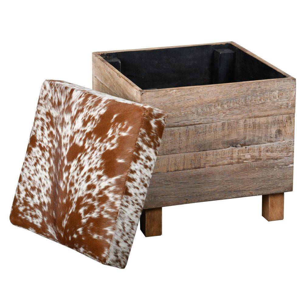 Aubry Gaspard - Coffre pouf carré en bois recyclé et peau de vache - Imagen 3