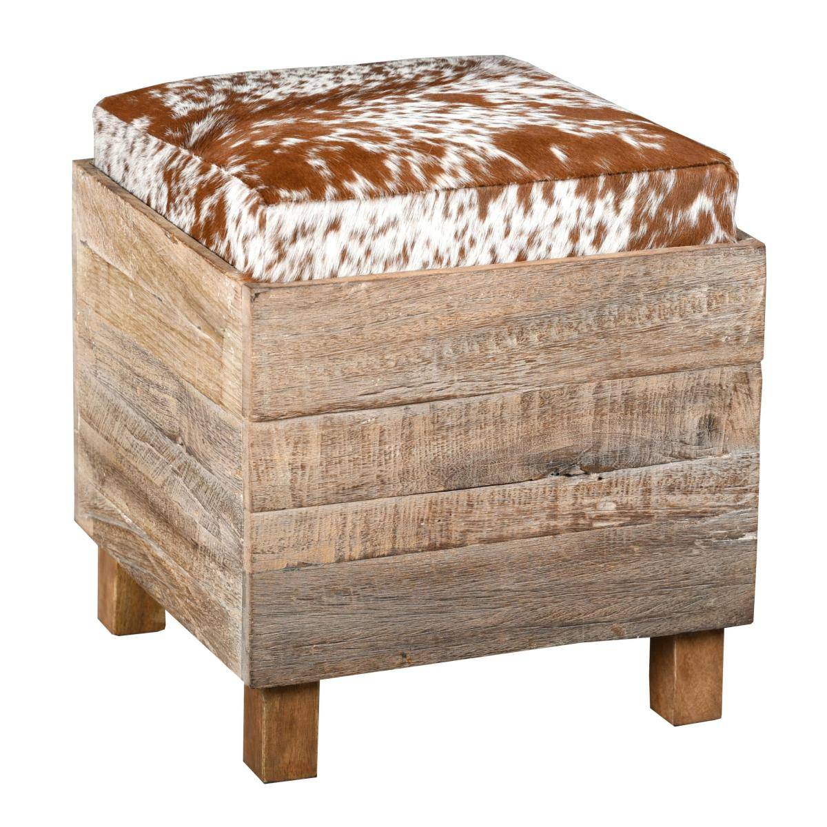 Aubry Gaspard - Coffre pouf carré en bois recyclé et peau de vache - Imagen 1
