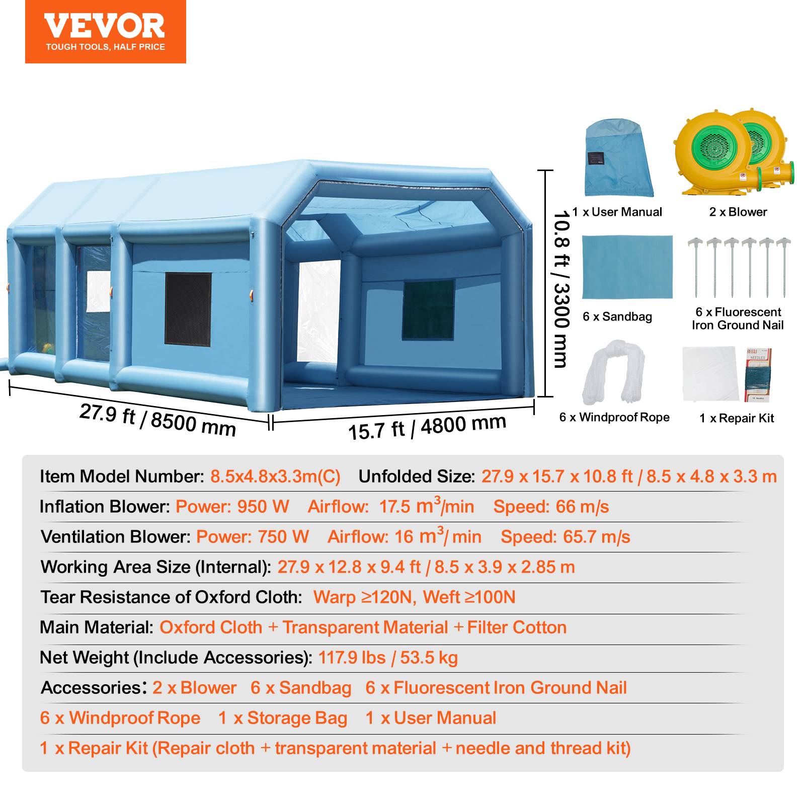 Vevor - VEVOR Cabine de Peinture Gonflable 8,5x4,8x3,3 m, Souffleurs 950 W + 750 W, Filtration. - Image 7