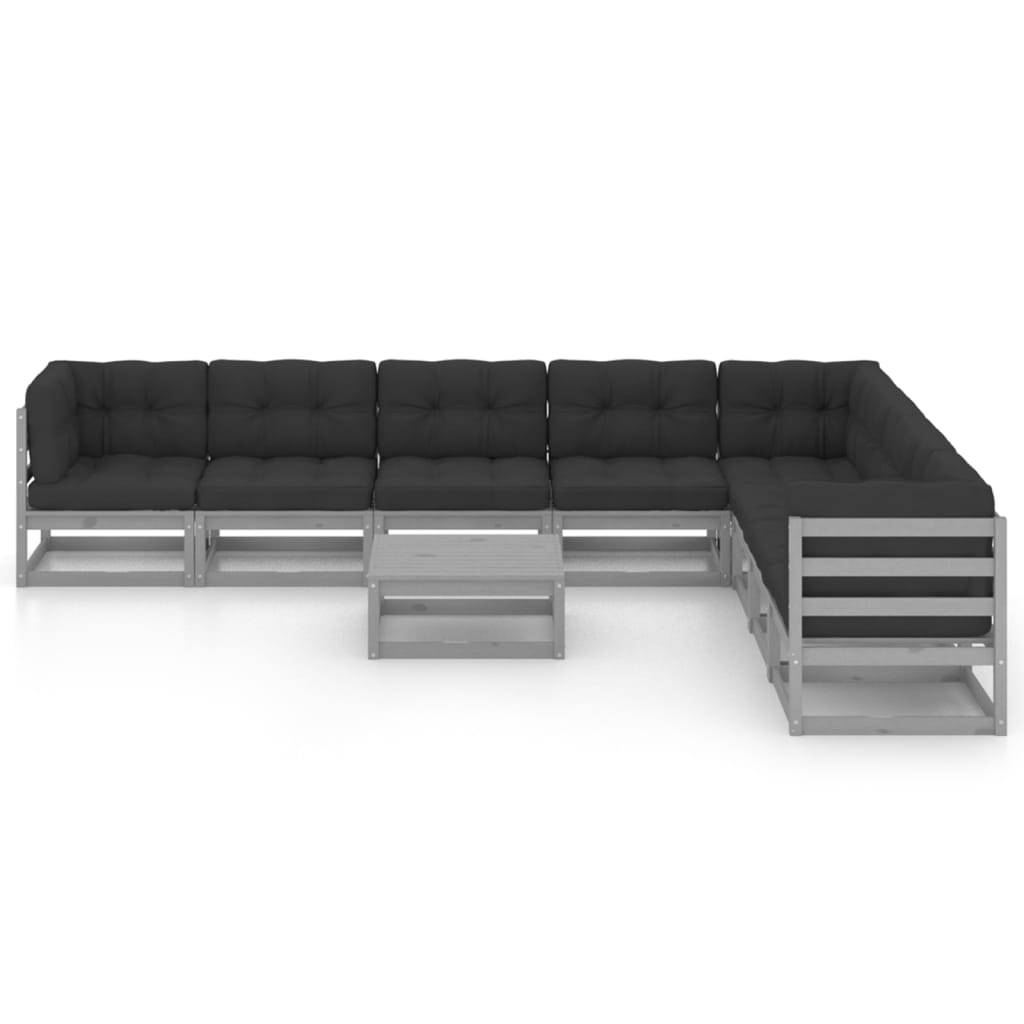 Helloshop26 - Salon de jardin meuble d'extérieur ensemble de mobilier 9 pièces avec coussins gris bois de pin massif - Imagen 2