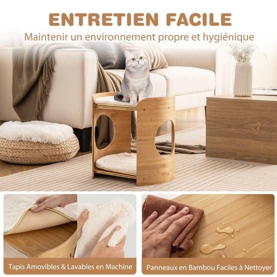 Meuble pour Chat Petite Tour pour Chat à 2 Niveaux avec Cadre en Bambou Naturel Coussins en Peluche Doux Amovibles Beige - Image 7