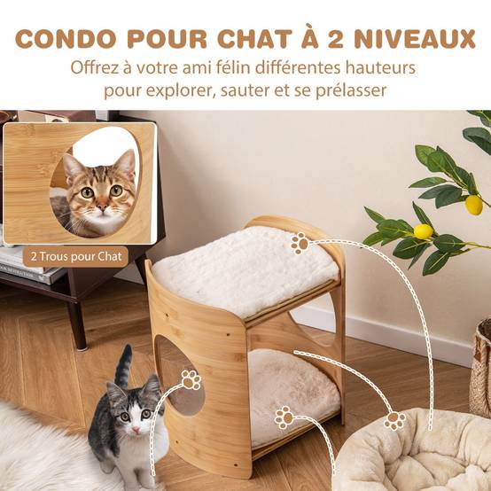 Meuble pour Chat Petite Tour pour Chat à 2 Niveaux avec Cadre en Bambou Naturel Coussins en Peluche Doux Amovibles Beige - Image 9