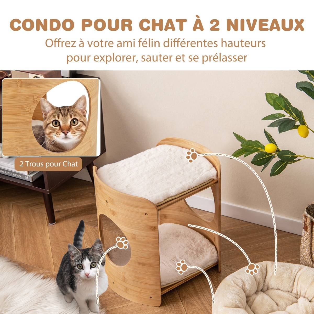 Meuble pour Chat Petite Tour pour Chat à 2 Niveaux avec Cadre en Bambou Naturel Coussins en Peluche Doux Amovibles Beige - Image 9