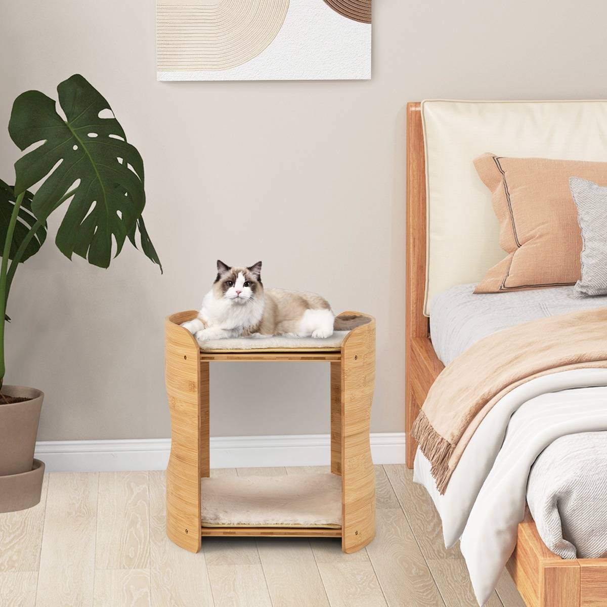 Meuble pour Chat Petite Tour pour Chat à 2 Niveaux avec Cadre en Bambou Naturel Coussins en Peluche Doux Amovibles Beige - Image 3
