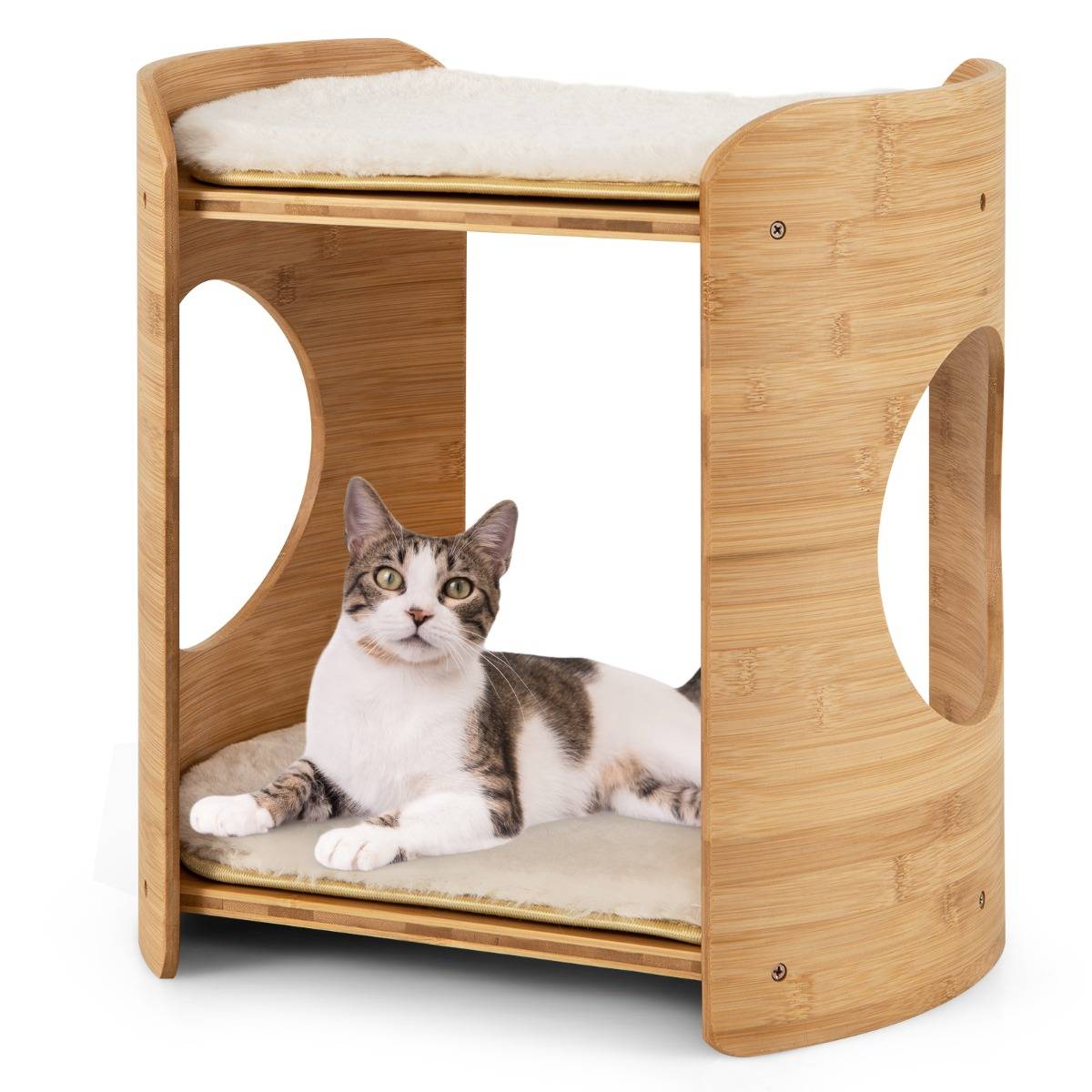 Meuble pour Chat Petite Tour pour Chat à 2 Niveaux avec Cadre en Bambou Naturel Coussins en Peluche Doux Amovibles Beige - Image 1