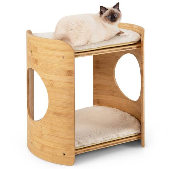Meuble pour Chat Petite Tour pour Chat à 2 Niveaux avec Cadre en Bambou Naturel Coussins en Peluche Doux Amovibles Beige - Image 6