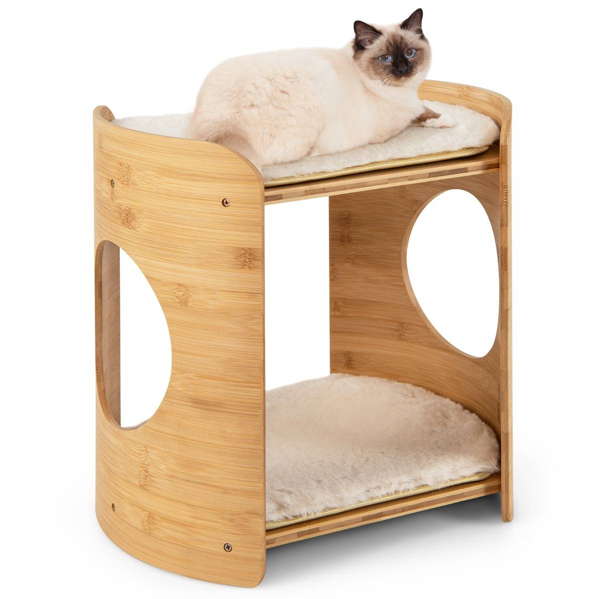 Meuble pour Chat Petite Tour pour Chat à 2 Niveaux avec Cadre en Bambou Naturel Coussins en Peluche Doux Amovibles Beige - Image 6