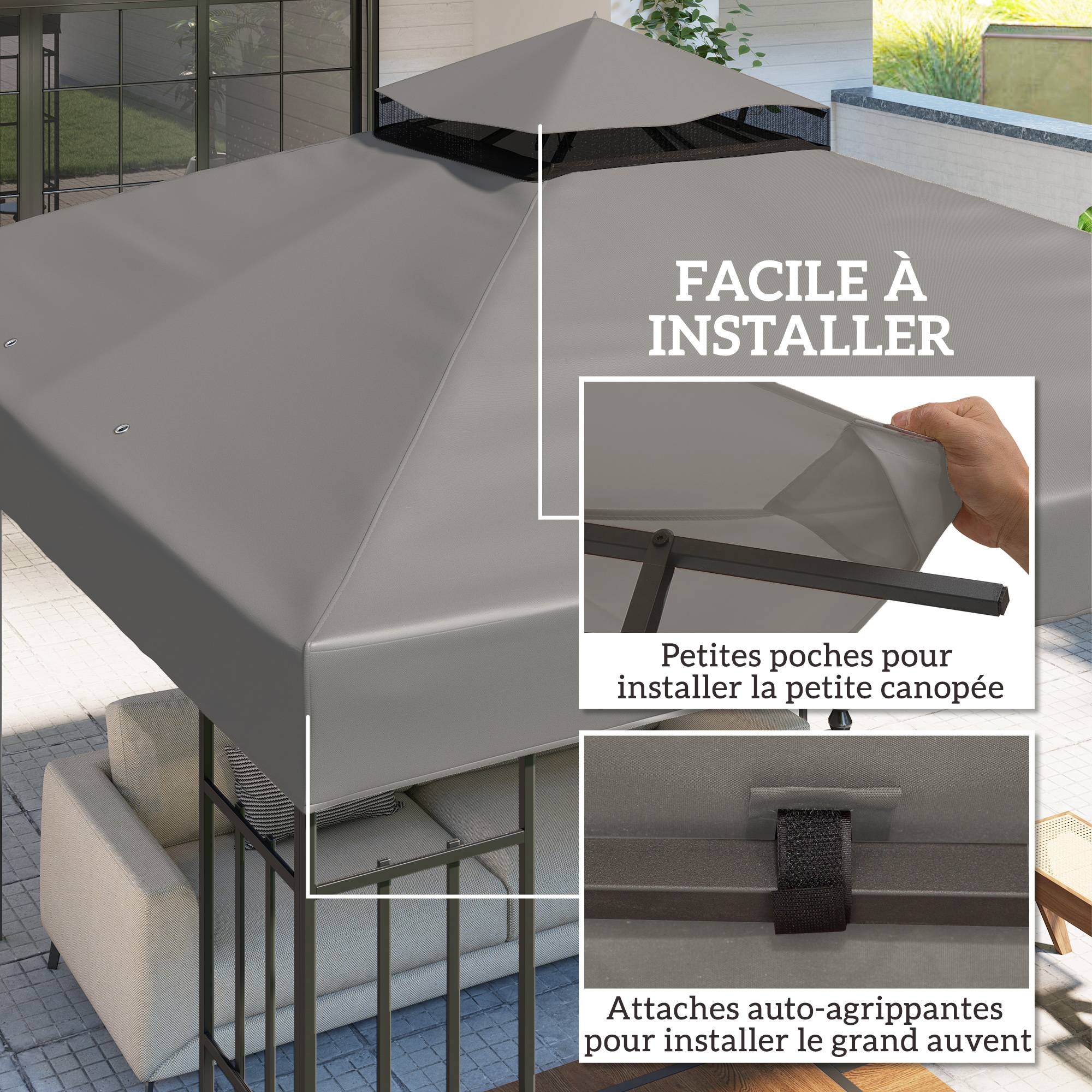 ComfortXL - Toile tonnelle tissu Oxford remplacement jardin pavillon toit double niveau 300x300cm gris - ComfortXL Outdoor Living - Image 7