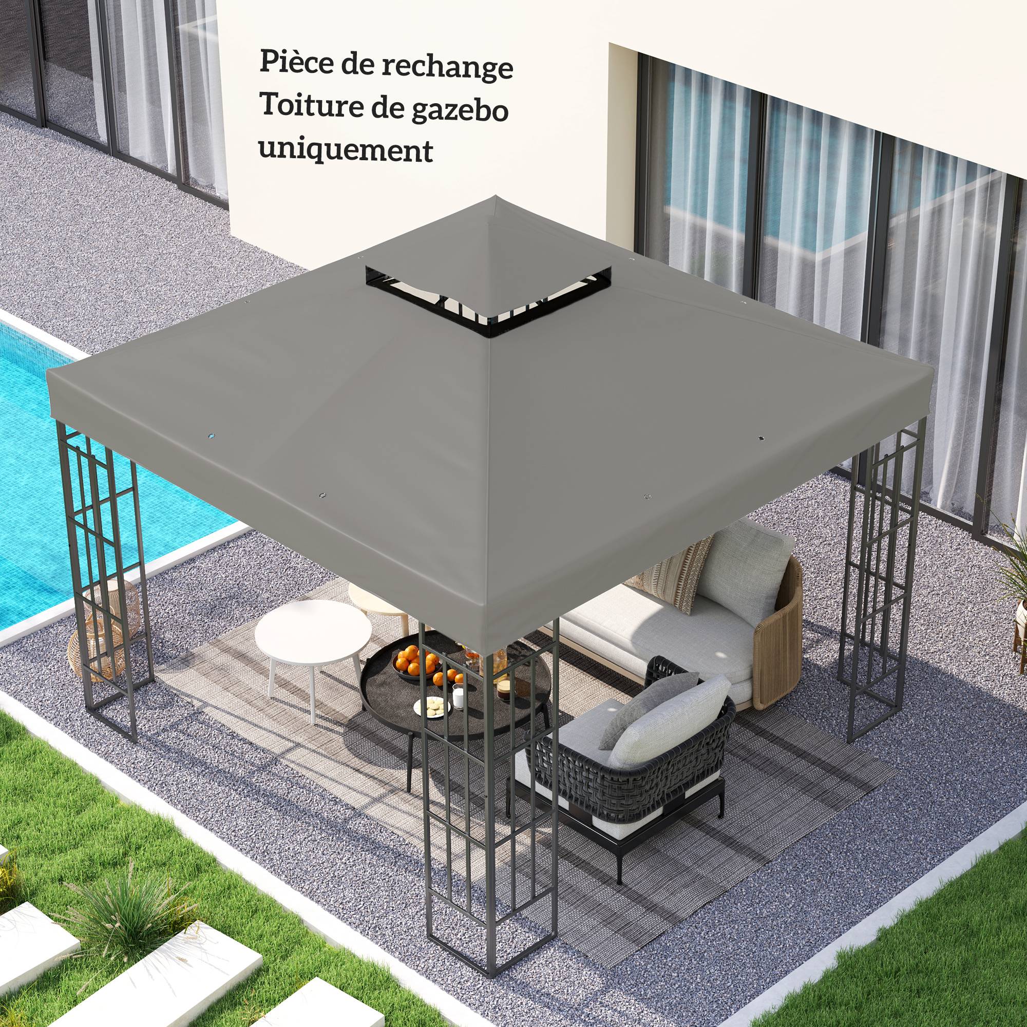 ComfortXL - Toile tonnelle tissu Oxford remplacement jardin pavillon toit double niveau 300x300cm gris - ComfortXL Outdoor Living - Image 9