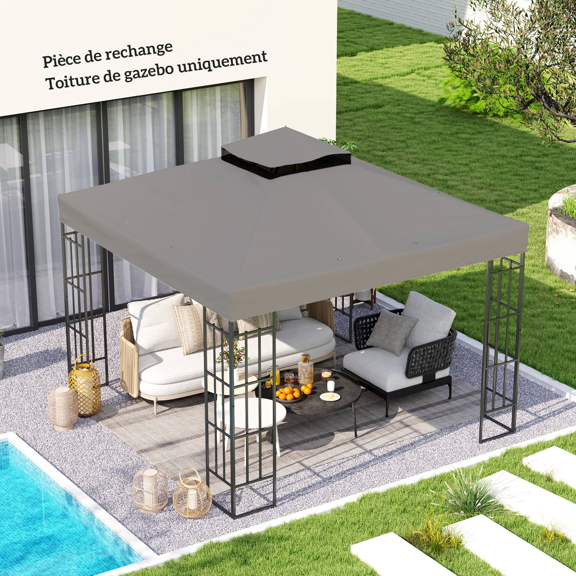 ComfortXL - Toile tonnelle tissu Oxford remplacement jardin pavillon toit double niveau 300x300cm gris - ComfortXL Outdoor Living - Image 3
