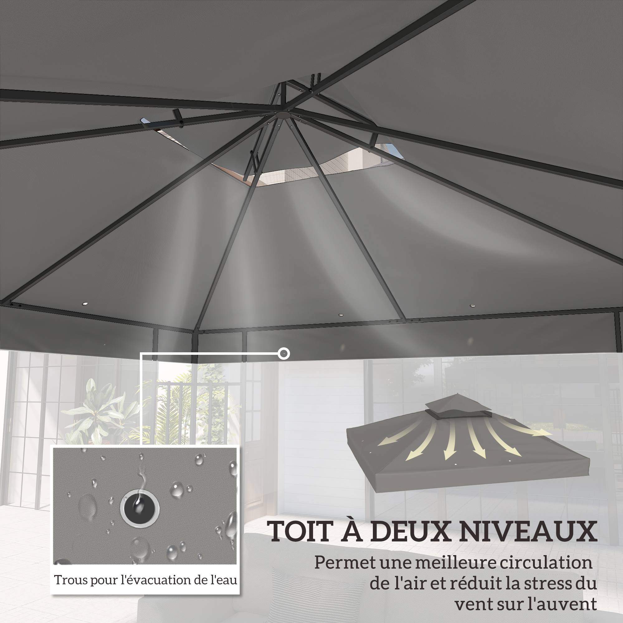 ComfortXL - Toile tonnelle tissu Oxford remplacement jardin pavillon toit double niveau 300x300cm gris - ComfortXL Outdoor Living - Image 6
