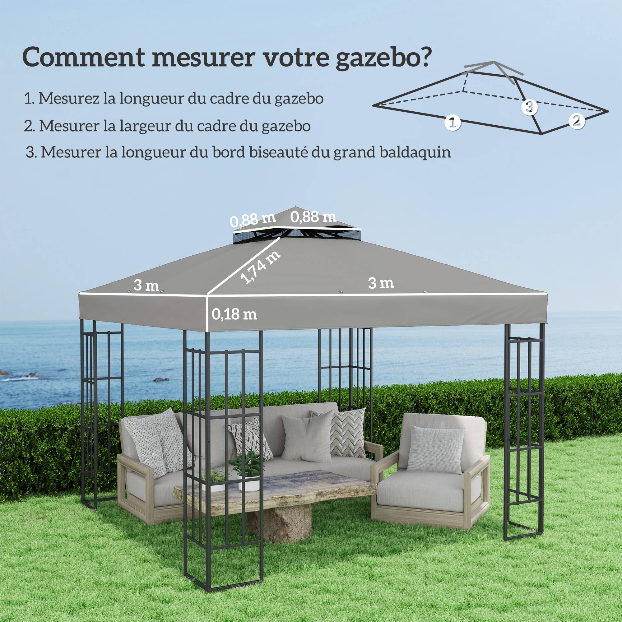 ComfortXL - Toile tonnelle tissu Oxford remplacement jardin pavillon toit double niveau 300x300cm gris - ComfortXL Outdoor Living - Image 5