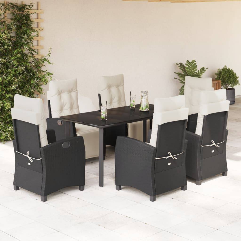 Ensemble Table et Chaises de Jardin 6 Personnes, Fauteuils Multi-positions Résine Tressée Noire, Coussins Crème – ComfortXL Outdoor Living - Image 1