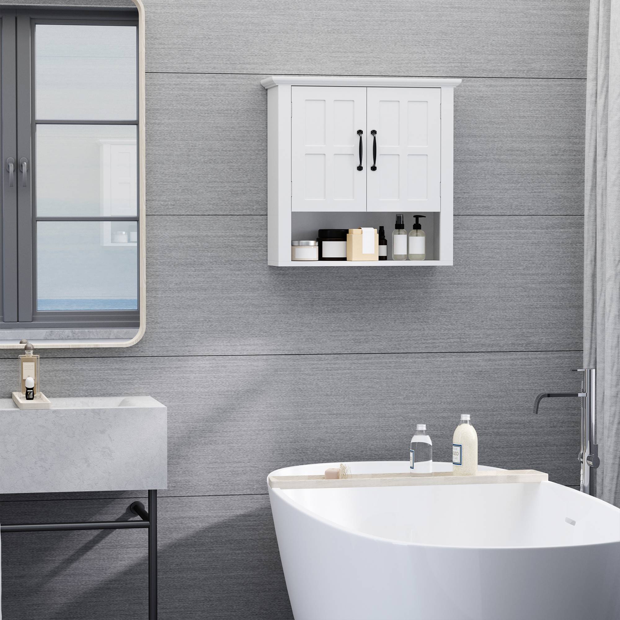 Sans Marque - Armoire Haute Murale Salle Bain WC Placard 2 Portes 2 étagères Niche 60x20x58 cm MDF Panneaux Particules Blanc - Image 3