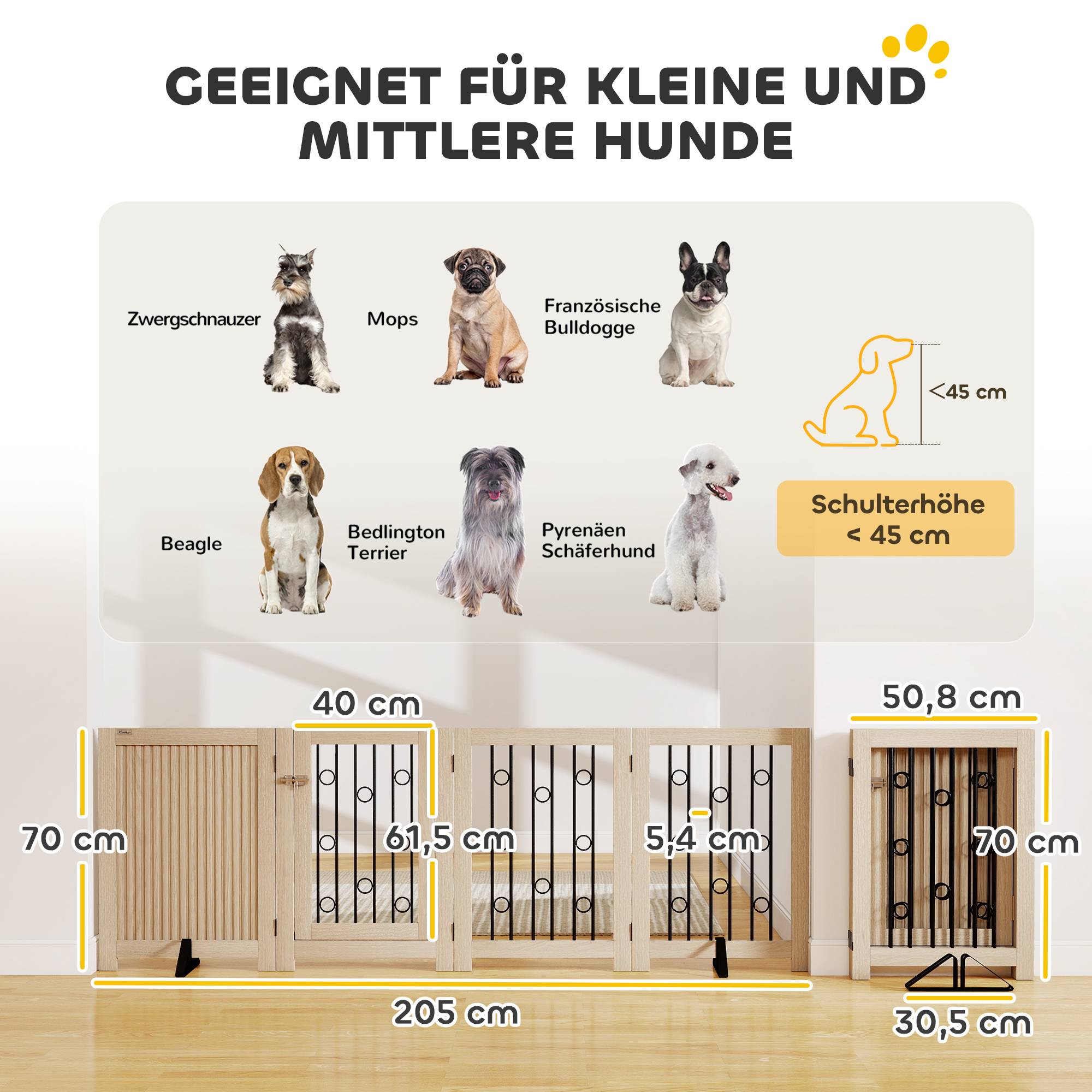 Barrière autoportante pour animal avec porte, 4 panneaux, couloir, escalier, porte, MDF, acier - Image 5