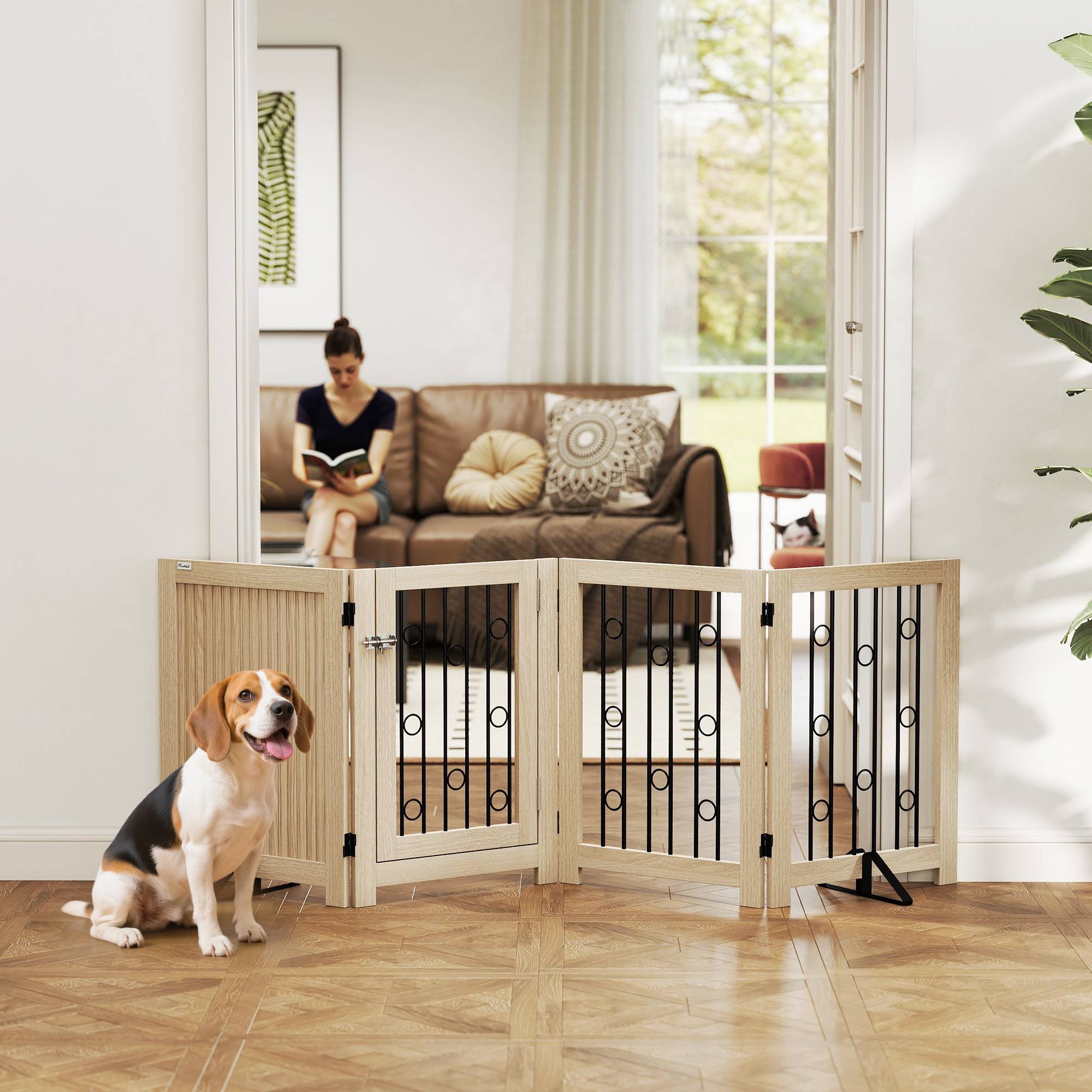 Barrière autoportante pour animal avec porte, 4 panneaux, couloir, escalier, porte, MDF, acier - Image 3