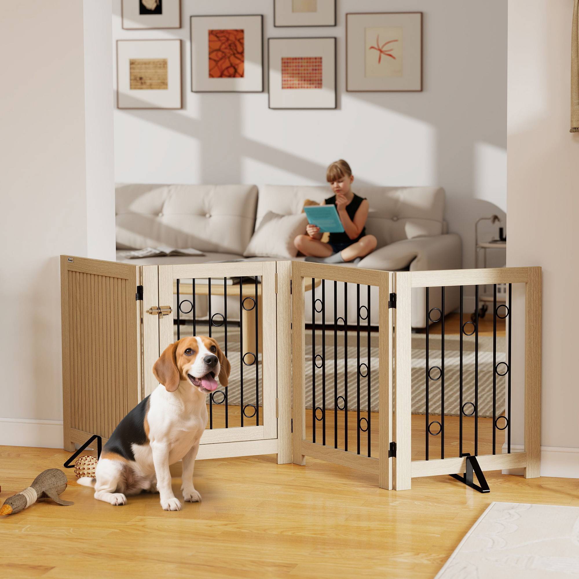 Barrière autoportante pour animal avec porte, 4 panneaux, couloir, escalier, porte, MDF, acier - Image 4