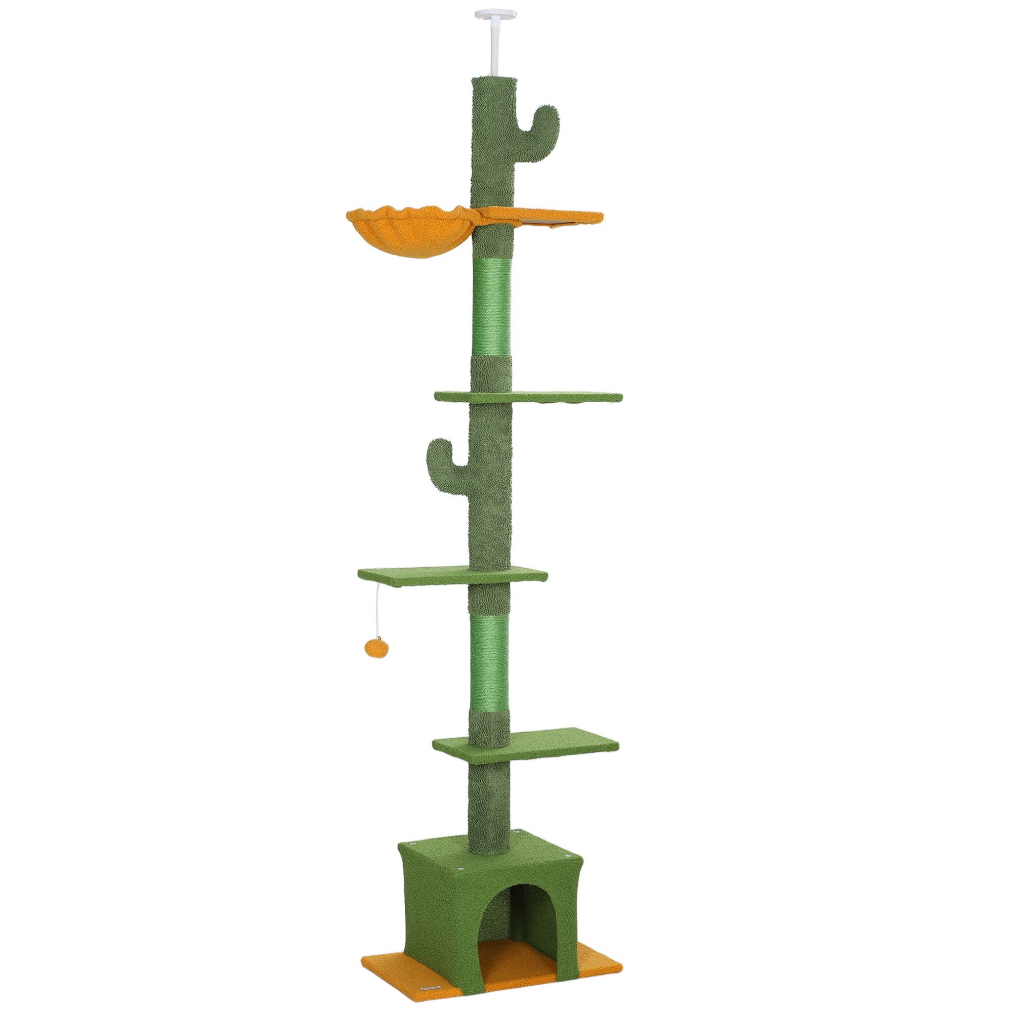 Arbre à chat suspendu (hauteur plafond, 230-275 cm), avec niche, griffoir, balle et mobilier pour chat avec système anti-basculement, vert. - Image 1
