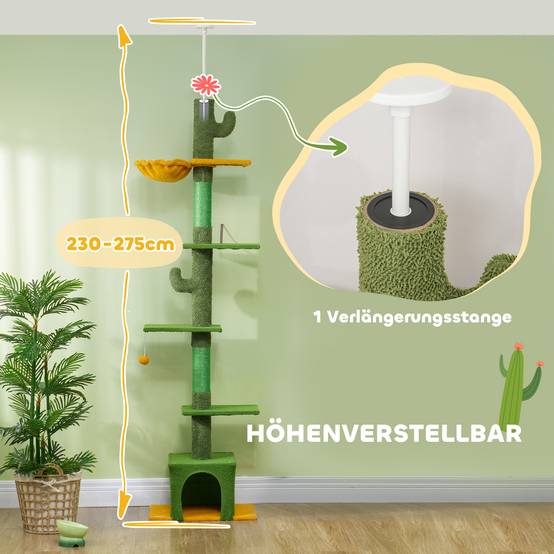 Arbre à chat suspendu (hauteur plafond, 230-275 cm), avec niche, griffoir, balle et mobilier pour chat avec système anti-basculement, vert. - Image 4