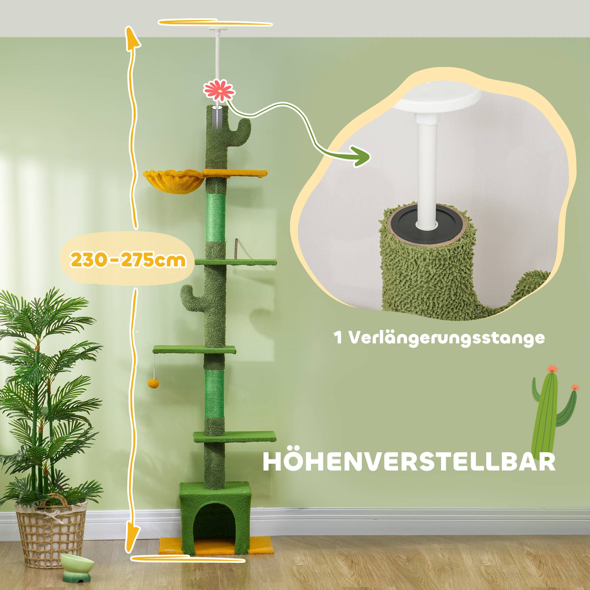 Arbre à chat suspendu (hauteur plafond, 230-275 cm), avec niche, griffoir, balle et mobilier pour chat avec système anti-basculement, vert. - Image 4