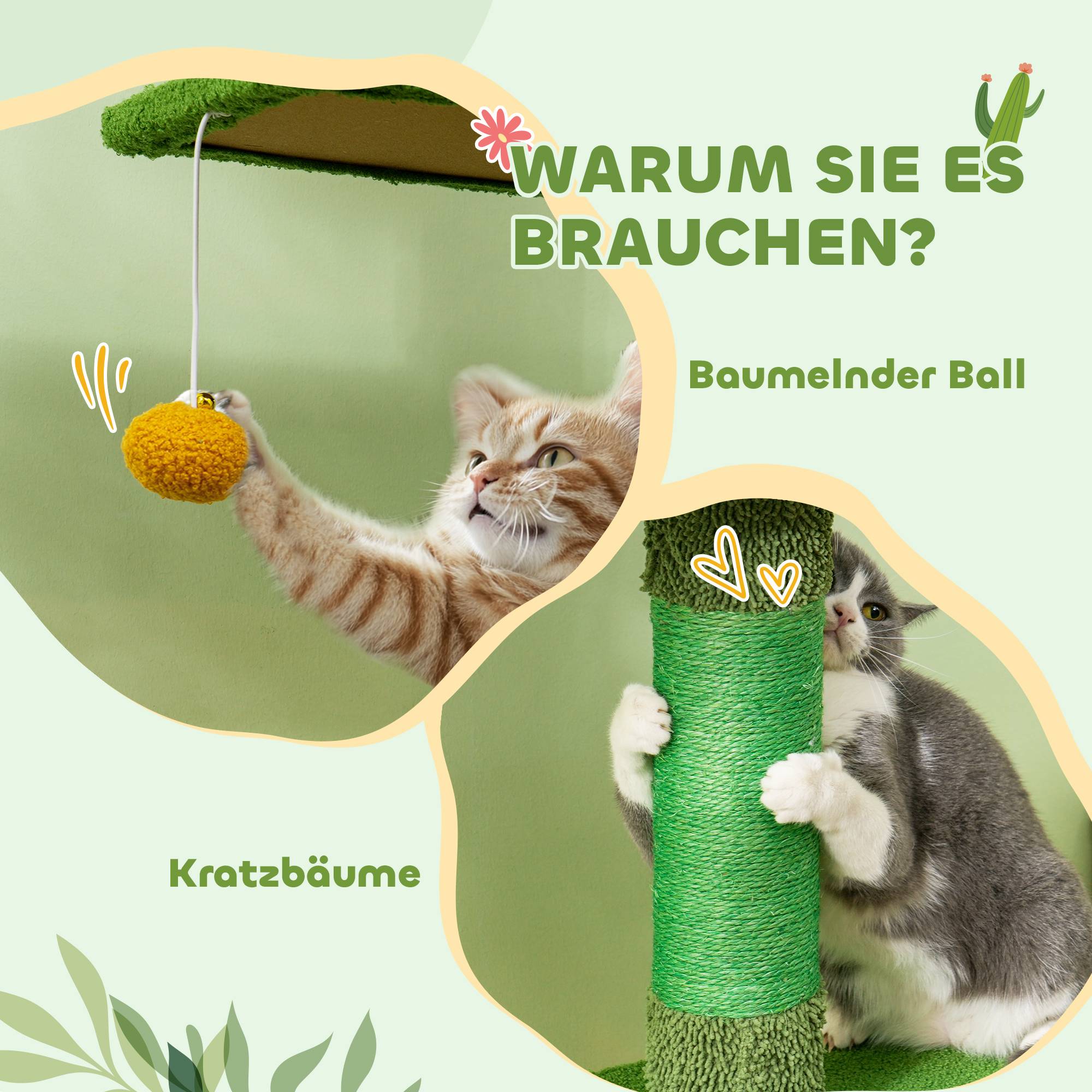 Arbre à chat suspendu (hauteur plafond, 230-275 cm), avec niche, griffoir, balle et mobilier pour chat avec système anti-basculement, vert. - Image 7