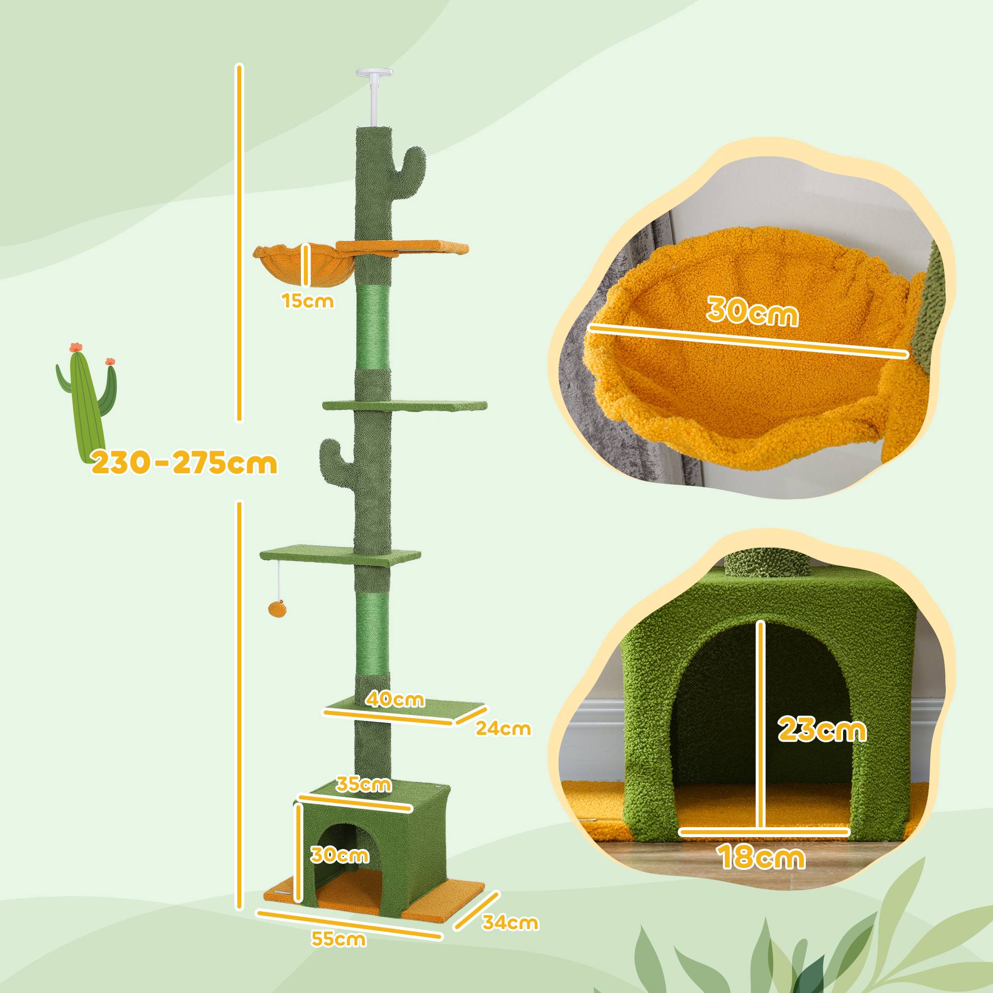 Arbre à chat suspendu (hauteur plafond, 230-275 cm), avec niche, griffoir, balle et mobilier pour chat avec système anti-basculement, vert. - Image 3