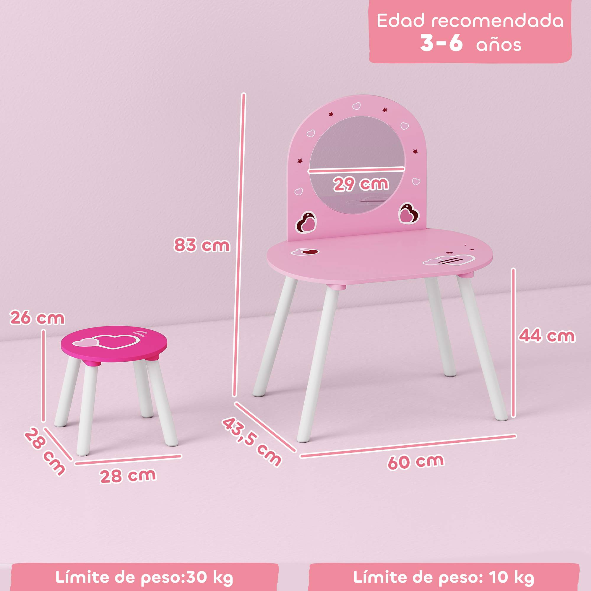 Sans Marque - Coiffeuse pour enfants avec tabouret et miroir, rose, ornée de cœurs, pour filles et garçons de 3 à 6 ans. - Image 5